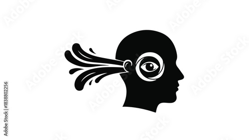 Abstract representation of creative thought emerging from a human head with an eye