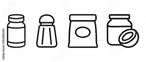 Black and white line icons representing different pantry food items and ingredients.