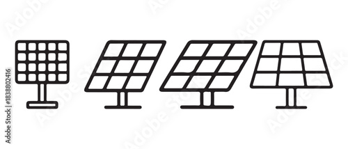 A set of four minimalist line icons depicting solar panels for renewable energy concepts.
