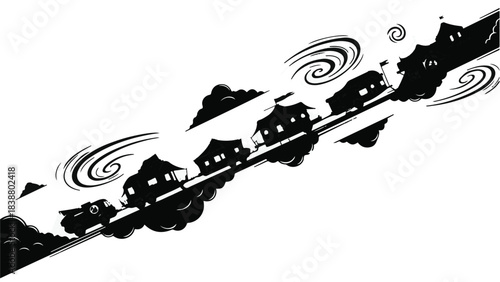 Whimsical illustration of small houses on a winding, upward path with swirling clouds.
