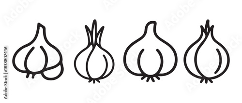 Simple line art icons representing four variations of garlic bulbs in black and white style.