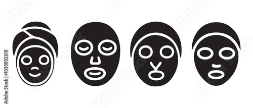 A set of black silhouette icons illustrating facial masks and skincare procedures.