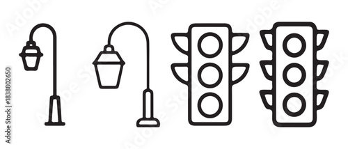 A collection of street light and traffic signal outline icons for urban design.