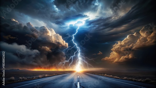 A massive electrical discharge illuminates a desolate stretch of asphalt as turbulent skies unleash their fury