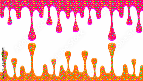 Wavy ice cream drip illustration. Dripping ice cream with sprinkles on waffle background. Fast food ice cream drip illustration. Melting ice cream with sprinkles illustration.