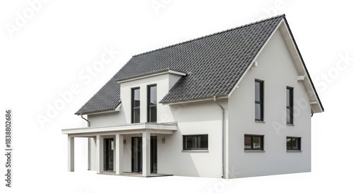 Modern white twostory house with dark roof, isolated on transparent background