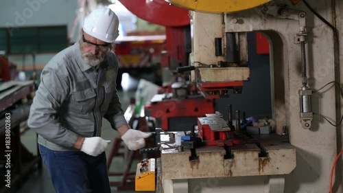 Senior industrial worker with grey beard and safety gloves operating a heavy red hydraulic press. He processes metal parts in a manufacturing factory workshop.