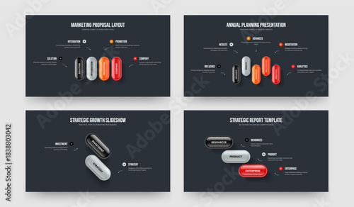 Sales Development Four Five Two Three Option Diagram Presentation Template Vector Illustration Bundle. Creative Report 4 5 2 3 Element Infographic Slideshow Layout Set.