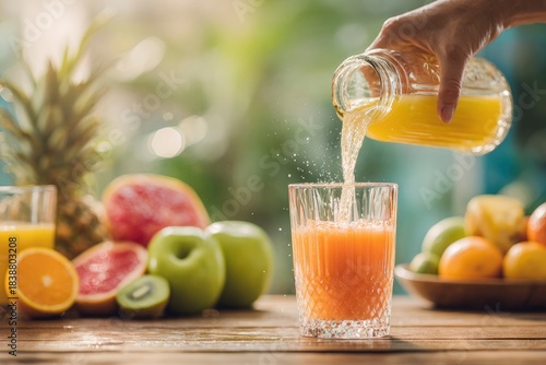 A refreshing blend of freshly squeezed fruit juice is poured into a sparkling textured glass, creating dynamic splashes and effervescence. A vibrant assortment of healthy, colorful fruits, including v