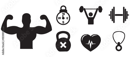 Fitness and Gym Icons Set – Bodybuilding, Weights, Kettlebell & Heart Health Vector