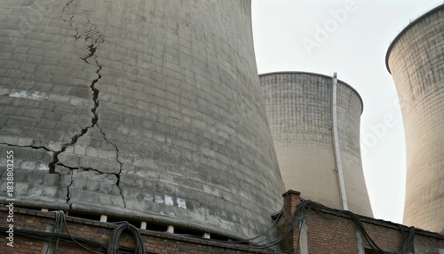 Cracked cooling tower structures industrial site concrete structures power plant cooling towers massive.