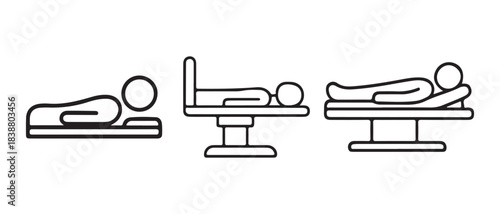 Photos Medical examination and resting positions icon set including prone and supine postures