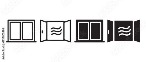 Window ventilation icon set with open and closed states, fresh air.