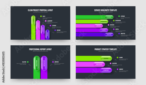 Advertising Strategy Four Five Two Three Element Diagram Slideshow Design Vector Illustration Set. Corporate Campaign 4 5 2 3 Step Infographic Presentation Template Collection.