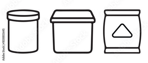 Minimalist line art icons of various food packaging and storage.