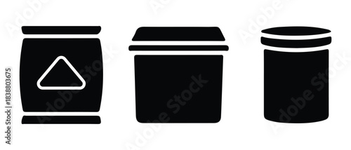 Assorted black silhouette packaging container icons for products.
