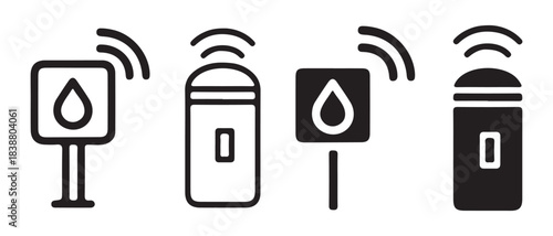 Wireless water sensor and receiver icon set for smart monitoring systems.
