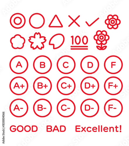 赤いスタンプ調の採点・評価アイコンセット｜学習評価,丸印,ABC成績,教育現場,学校指導素材,点数,記号