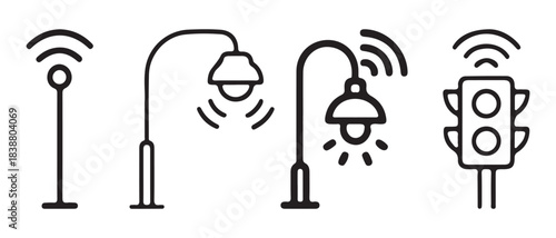 Smart city urban infrastructure line icons with street lights.