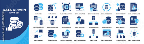 Data driven icon collection set. Contain Database, Mining, Machine Learning, Analytics, Warehouse , Data Processing, Data Integrity, Data Governance