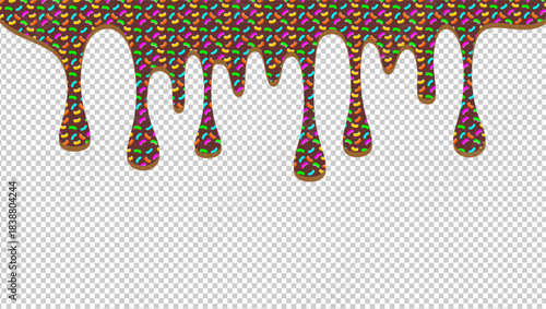 Hot chocolate drip illustration. Melting chocolate on transparent background. Drippy ice cream with sprinkles vector design. Choco and sprinkles melt border. Brown chocolate drips illustration.