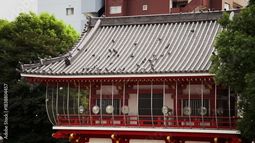 A Bunch of Pigeons Gathered on the Roof of Osu Kannon Temple in Downtown Nagoya