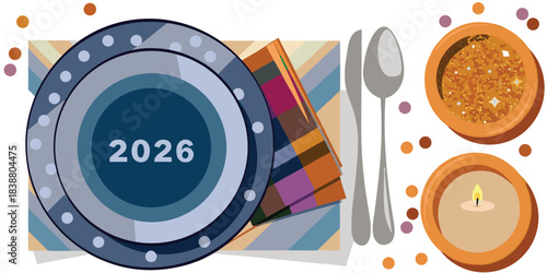 Festive new year 2026 dinner table setting with plate candle and dessert bowl