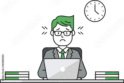 Stressed Businessman Working Late at Night on Laptop Outline Vector Illustration for Deadline Pressure Overtime and Mental Exhaustion Concept.