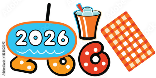 Cheerful 2026 summer picnic graphic with drink and blanket for a fun celebration