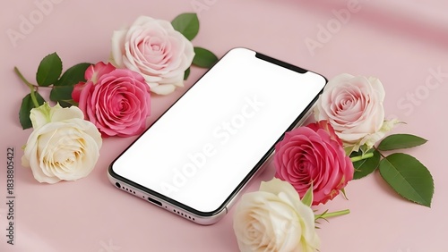 Smartphone surrounded by delicate pink and white roses on a soft pink background