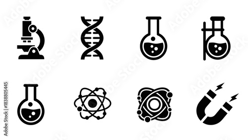 Chemistry icon set with laboratory glassware and scientific symbols