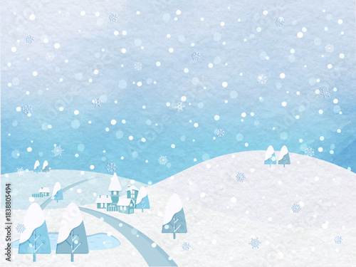 雪が降る冬の風景イラスト
