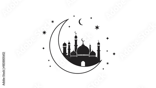 Islamic Mosque Silhouette Crescent Moon Stars Night Sky.