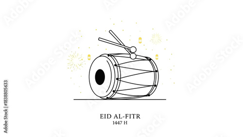 Traditional Eid al-Fitr drum with drumsticks, simple line art.
