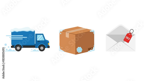 Shipping and Delivery Icons Truck, Box, and Envelope with Sale Tag