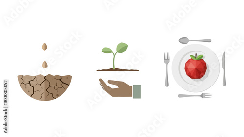 Illustrating the sustainable food life cycle from initial seeds to a fresh apple meal