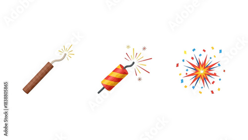 A Trio of Festive Firecracker and Dazzling Fireworks Bursting Celebration Elements