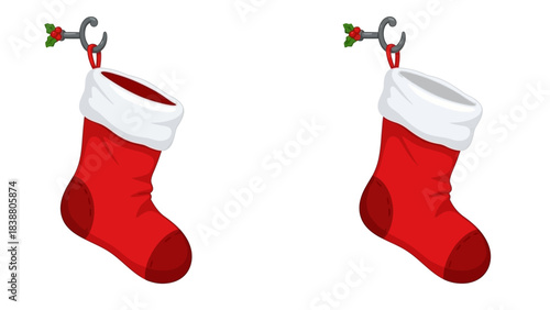 Festive red Christmas stockings with white trim hanging from decorative hooks, ready for holiday gifts