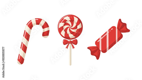 Christmas candy cane, lollipop and wrapped candy icons