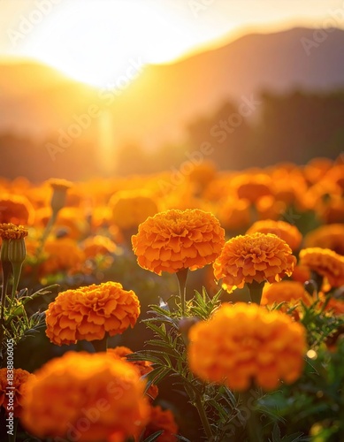 Orange marigold field at golden sunset