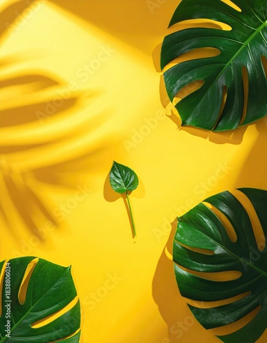 Bright green leaves on yellow backdrop