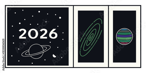 Three panels showing 2026 a galaxy and a planet in a modern minimalist style