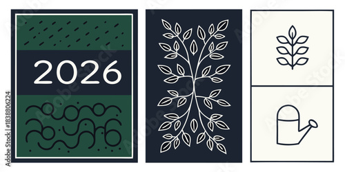 Graphic design featuring 2026 a tree wheat and a watering can in simple line art