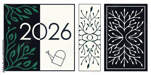 Artistic 2026 new year design with floral elements and a watering can icon art