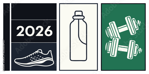 Fitness goals for 2026 with running shoes water bottle and dumbbells illustration