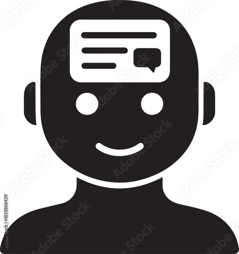 AI helpbot head with a chat-window forehead, clean minimal outline icon for smart digital support.