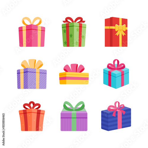 collection colorful boxes with colorful ribbon around bottom