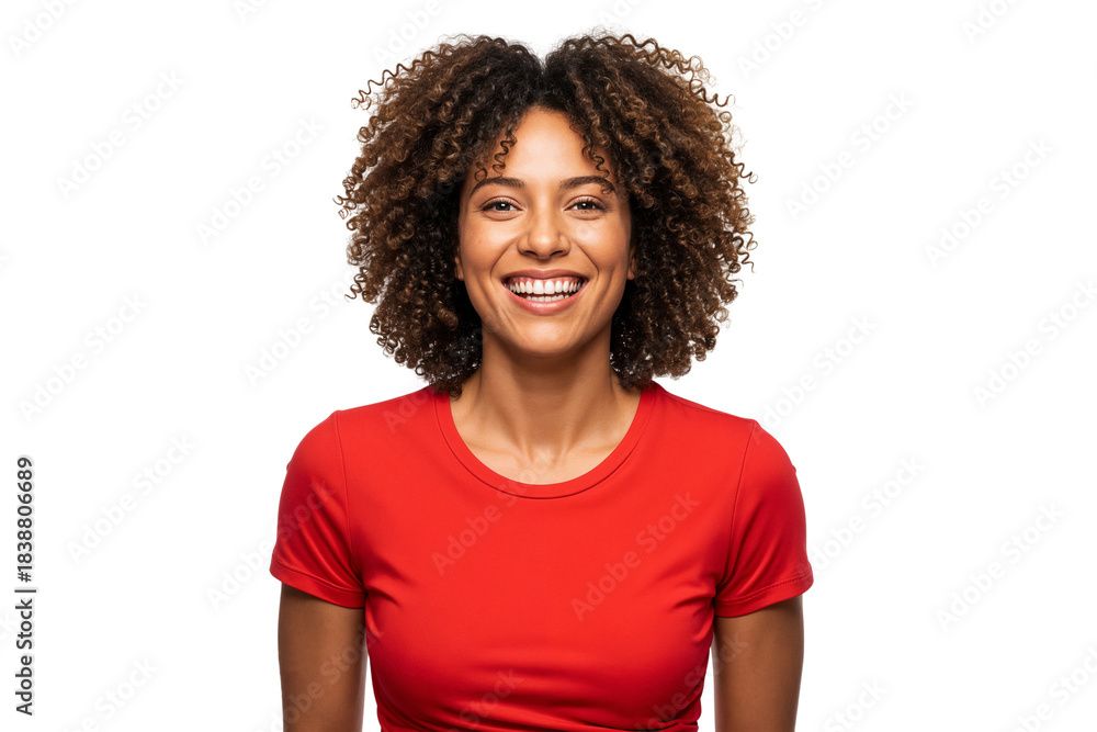 Fototapeta premium Joyful portrait of a beautiful young African American woman with natural curly hair, smiling widely in a red t-shirt, isolated on transparent background