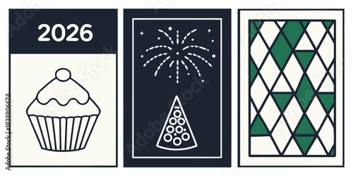Three stylized cards depicting a cupcake fireworks and stained glass window
