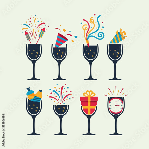 Festive Party Drinks Icons Set with Celebration Elements